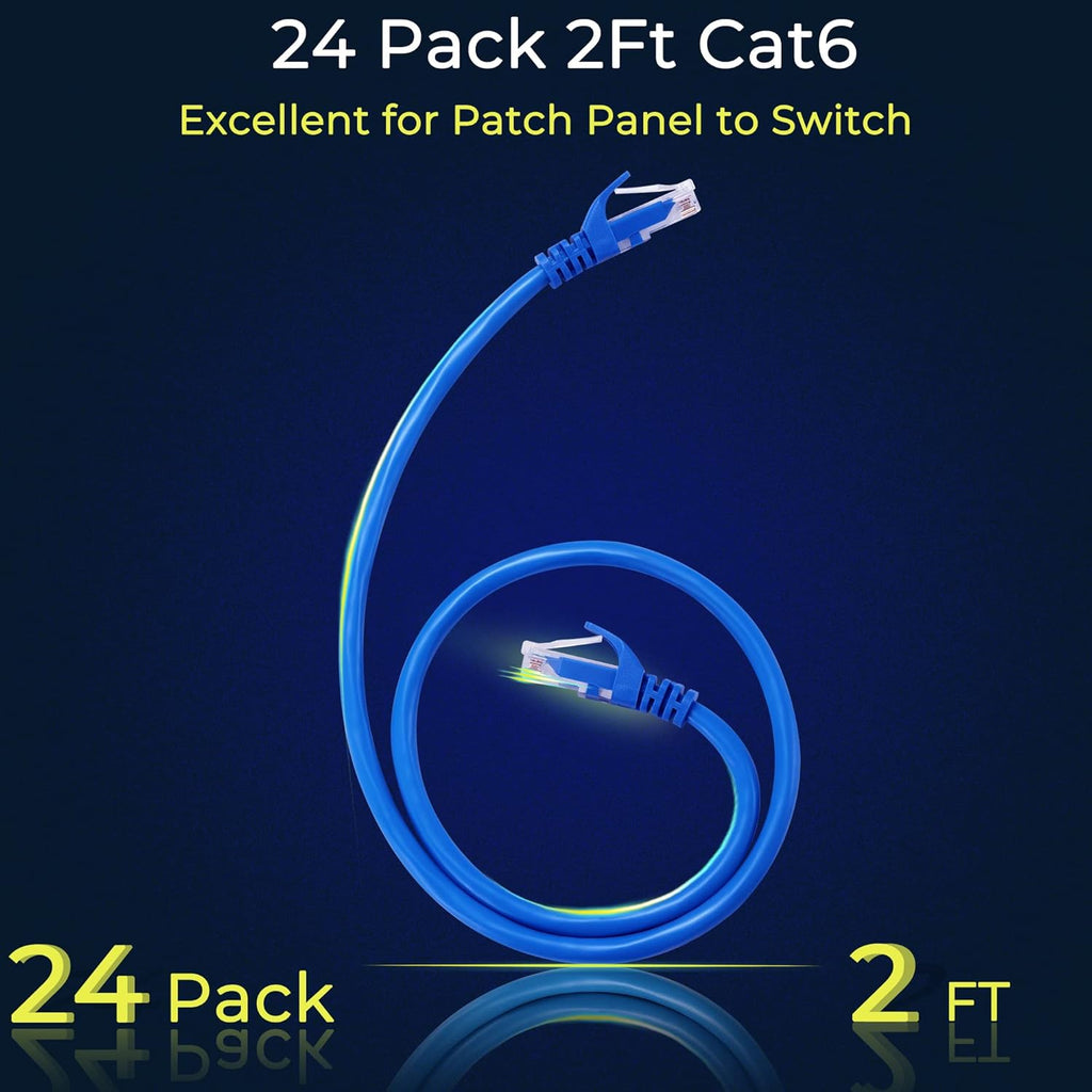 Rapink Patch Cables Cat6 2ft (24 Pack), Ethernet Patch Cable 10G, Cat 6 Patch Cable for Patch Panel to Switch, Flexiable Cat 6 Ethernet Cable with Gold Plated Blue