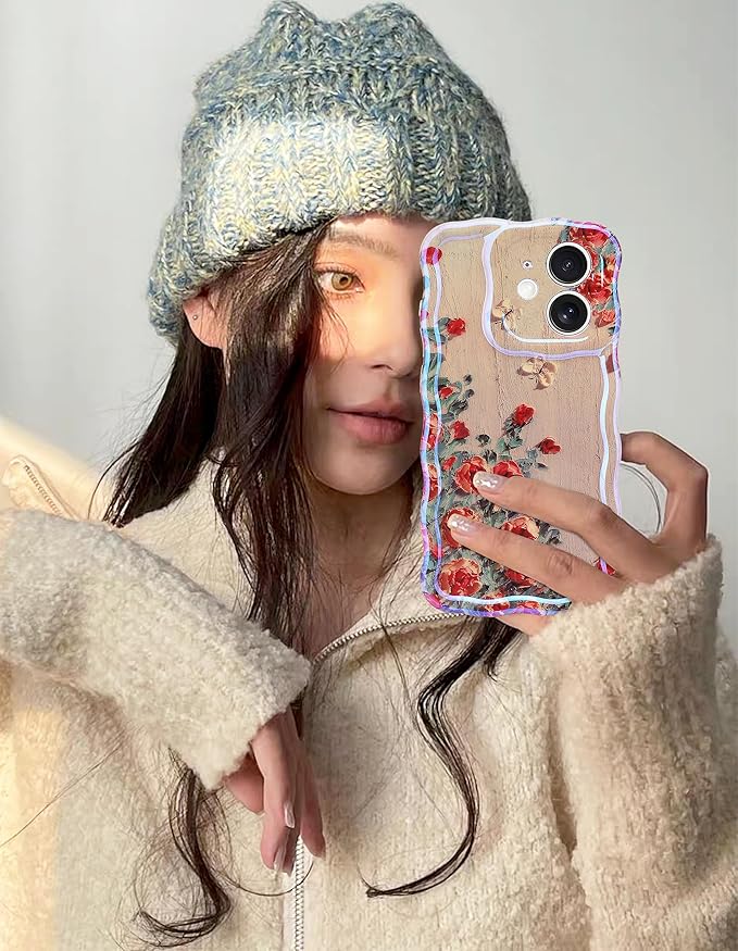 Jusy Compatible with iPhone 11, Colorful Retro Oil Painting Printed Flower Laser Glossy Pattern Cute Curly Wave Phone Case Soft TPU Cover for Girly Women - Beige