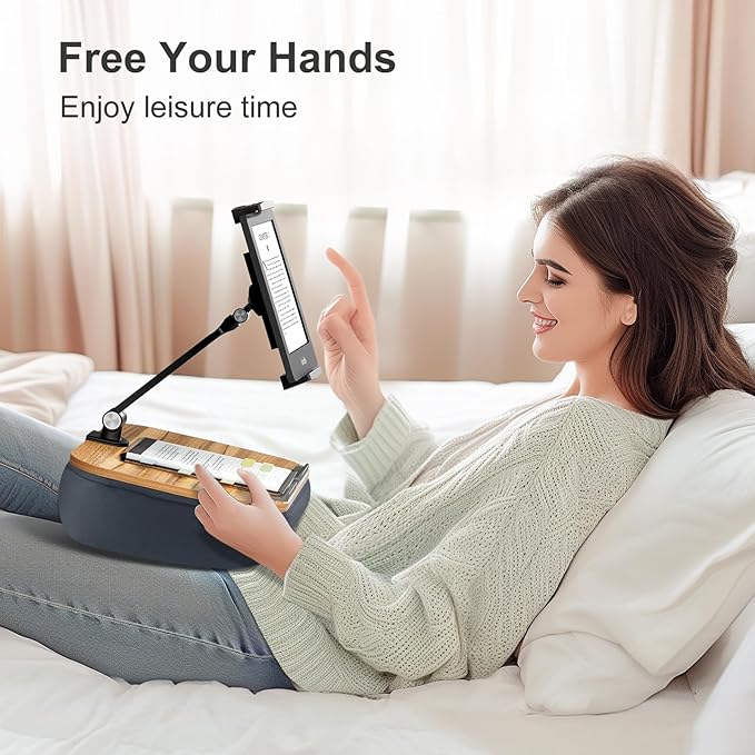Lap Beanbag Cozy Kindle Pillow Stand for Bed with Adjustable Arm, 360° Tablet Holder, Fits 4.7"-13" Kindle, iPad, Phone, Lap Desk for Hands Free Reading in Bed, Couch, Sofa,Gray