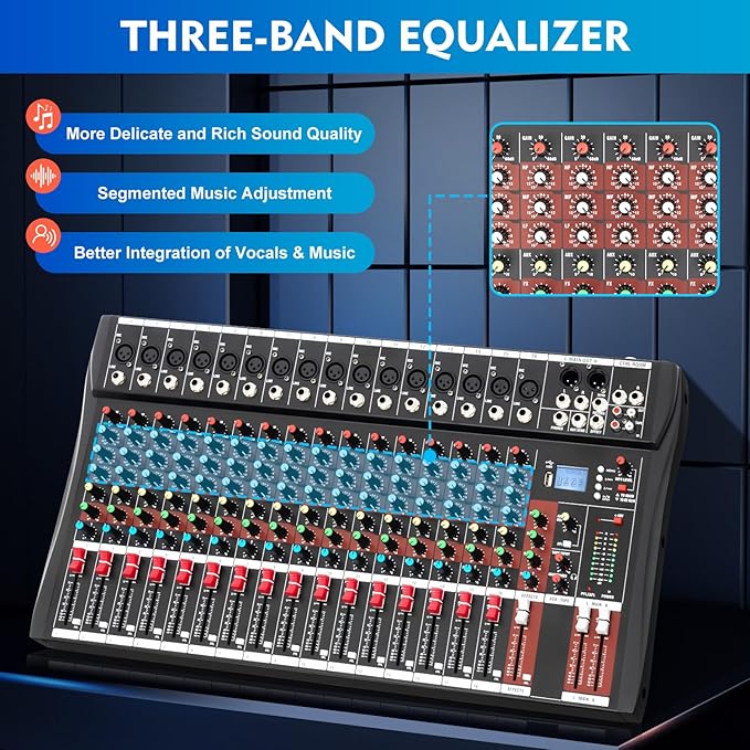 16 Channel Audio Mixer, Soundboard Mixing Console Sound Mixer DJ Sound Controller with USB & Bluetooth, Studio Audio Mixer for Professional and Beginners (16 Channel)