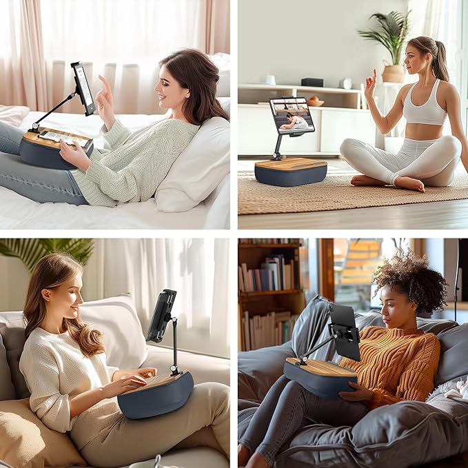 Lap Beanbag Cozy Kindle Pillow Stand for Bed with Adjustable Arm, 360° Tablet Holder, Fits 4.7"-13" Kindle, iPad, Phone, Lap Desk for Hands Free Reading in Bed, Couch, Sofa,Gray