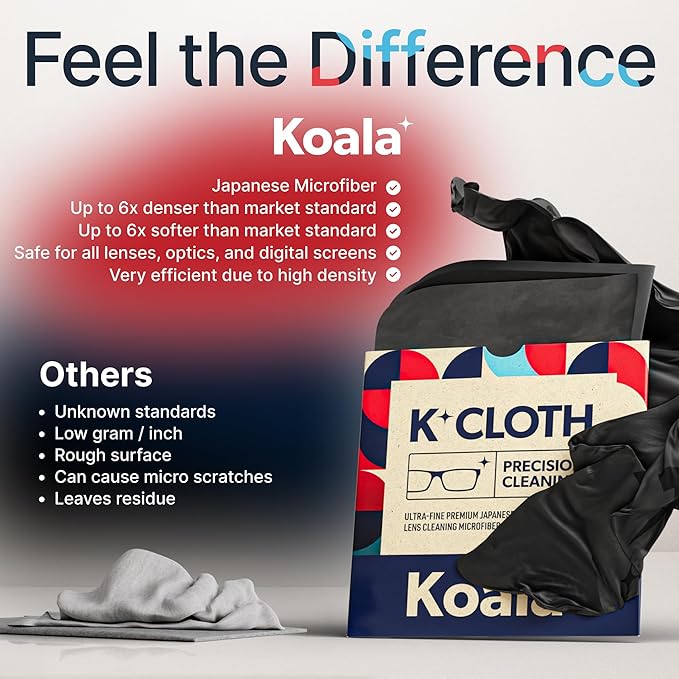 Koala Lens Cleaning Cloth | Japanese Microfiber | Glasses Cleaning Cloths | Eyeglass Lens Cleaner | Eyeglasses, Camera, VR/AR Headset, and Screen Cleaner | Black & Green (Pack of 3)