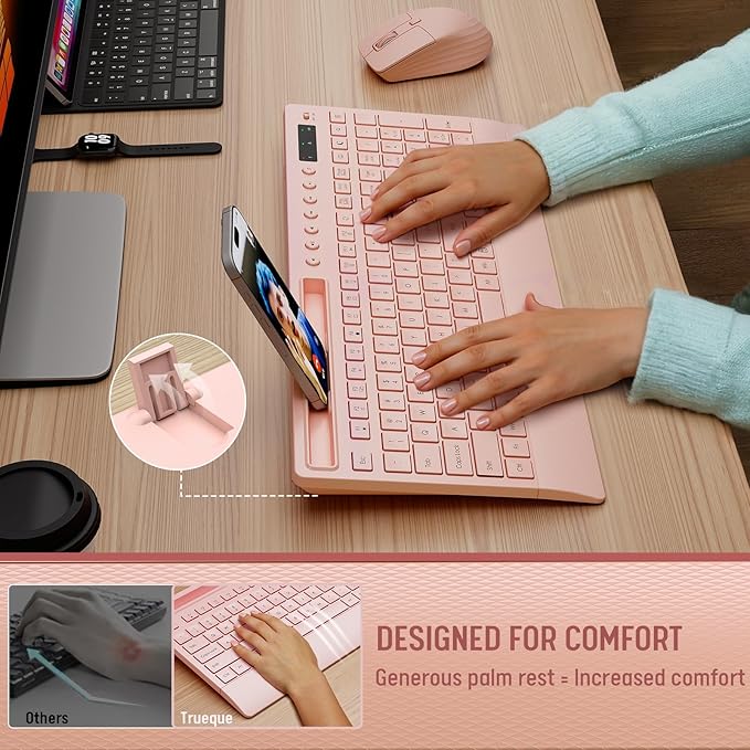 Pink Keyboard and Mouse Wireless, 2.4G Lag-Free Cute Keyboard Combo with Ergonomic Wrist Rest, Phone Holder & Batteries Included, Cordless Silent Key Board Set for Computer, PC, Windows - Trueque