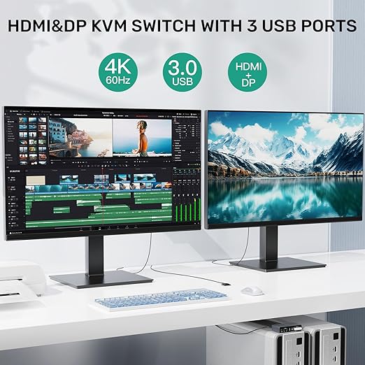 HDMI Displayport KVM Switch, 2 Computers 2 Monitors 4K@60Hz KVM Switcher Dual Monitor for 2 PC, 3 USB 3.0 Ports Support Extended/Mirror Mode with Desktop Controller&2 USB Cables&Power Adapter