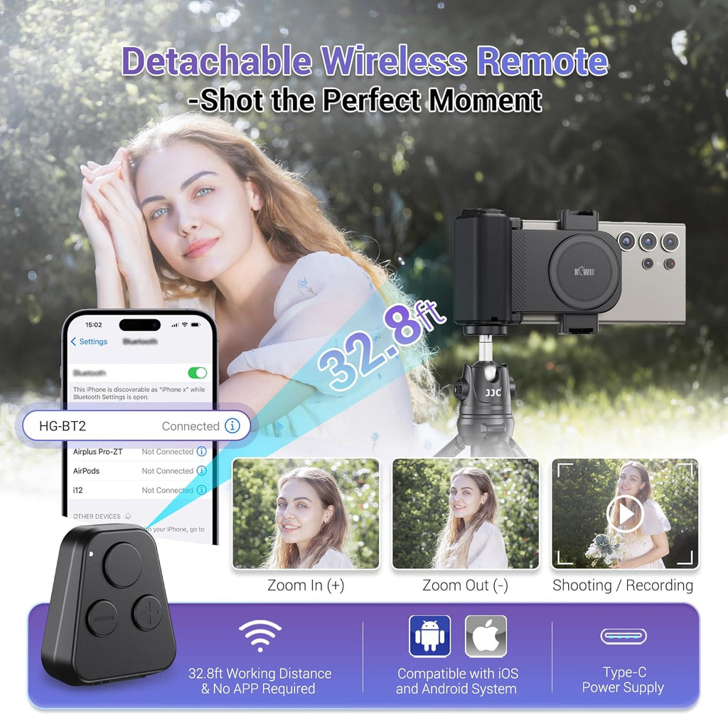 KIWIFOTOS Universal Phone Camera Grip Phone Tripod Mount with Remote Control & Cold Shoe Adapter for iPhone 16 Pro Max Samsung Travel Selfie Vlog Video Shooting Camera Grip