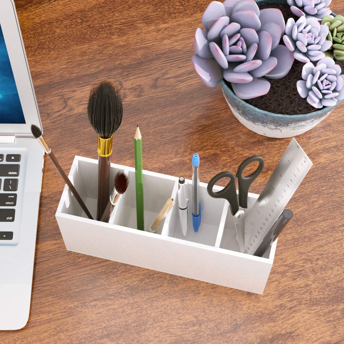 NIUBEE Acrylic Pen Holder 4 Compartments, White Pencil Organizer Cup for Countertop Desk Accessory Storage (White)