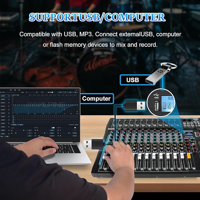 12 Channel Audio Interfacer Sound Board Mixer DJ Mixer 16-Bit DSP Effect USB Audio Mixer +48V Phantom Power Bluetooth Mixer for Karaoke Studio Streaming Recording,Live Streaming