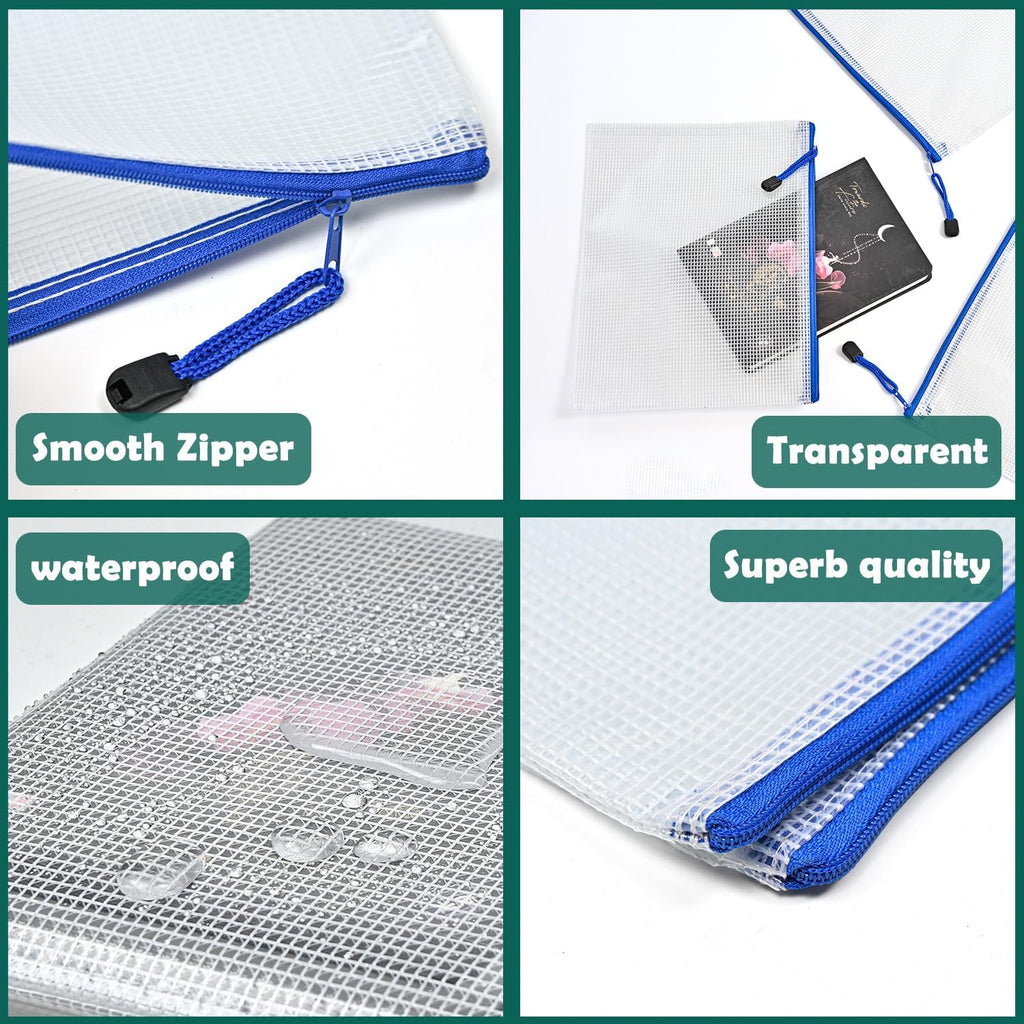 AUSTARK 10 Pcs Zipper File Bags, Waterproof Plastic Mesh Pouch for Office School, Board Game Storage Bags (B5 Size 11.4''x8.2'', White and Blue)