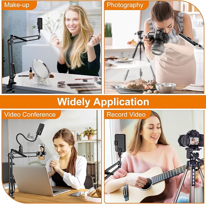 Overhead Phone Mount with 60 LED Portable Selfie Light and Phone Holder for Desk, Camera Mount Arm Stand with Remote, Overhead Stand for Video Recording, Live Streaming, TikTok, YouTube and Cooking