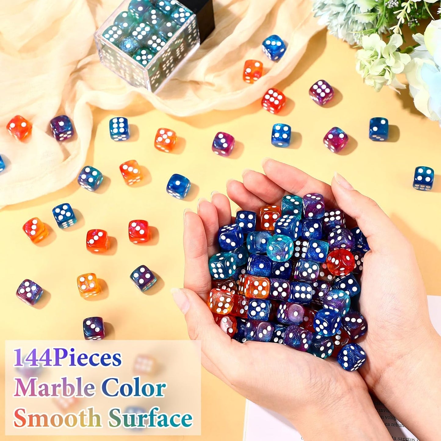 144 Pieces 12mm 6 Sided Mini Dice Set for School Classroom Table Games D6 Game Standard Dice with Portable Plastic Box for Teaching Math Learning(Luminary Color)