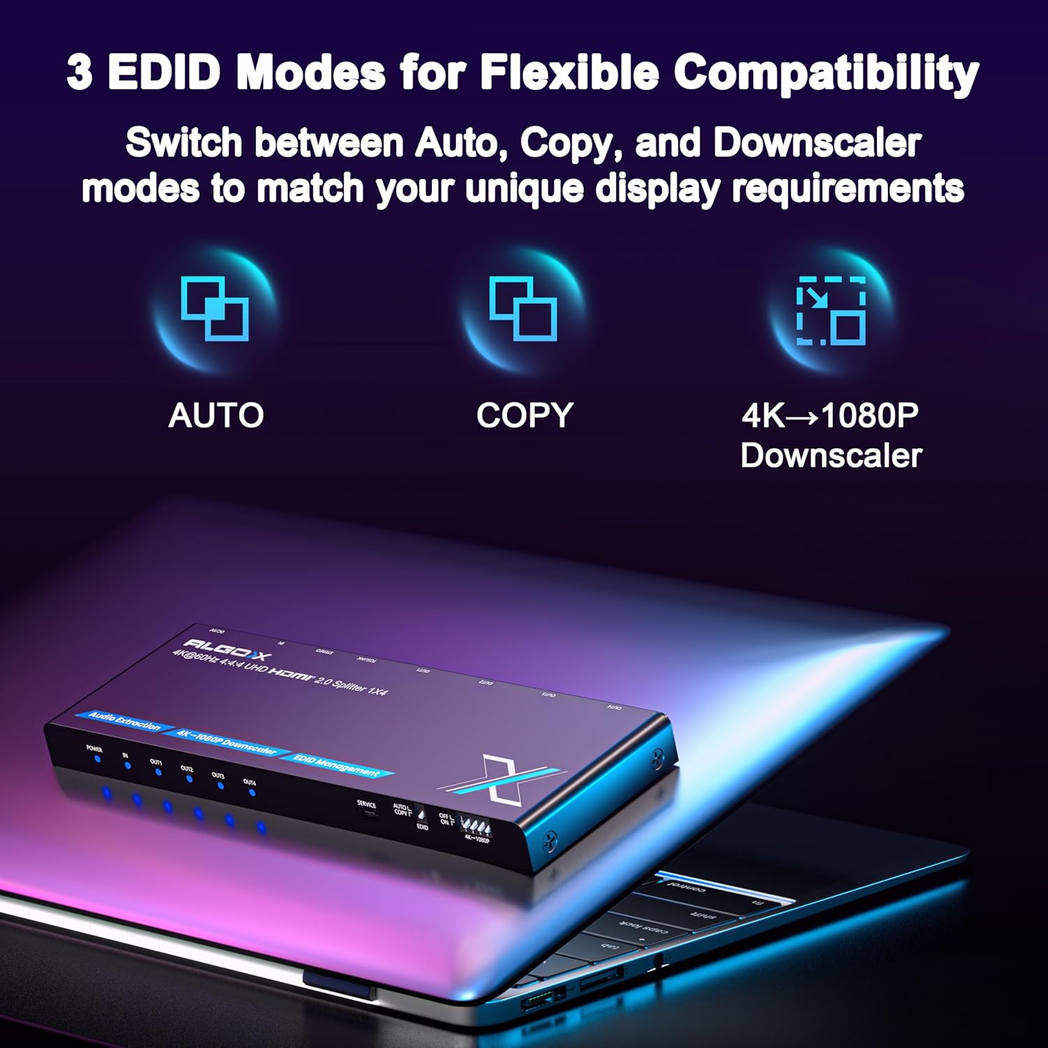 4K HDMI Splitter 1x4 with Audio Extractor, Downscaler & EDID, 4K@60Hz HDR HDMI 2.0 18Gbps HDMI Duplicator with TOSLINK & 3.5mm Stereo Out, Support HDCP 2.2 for TV, PS5, Xbox, Roku, Projector, Switch2