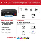 Canon G3200 All-In-One Wireless Supertank (MegaTank) Printer| Copier| Scanner| and Mobile Printing, Black, 6.5" x 17.6" x 13" (0630C002)