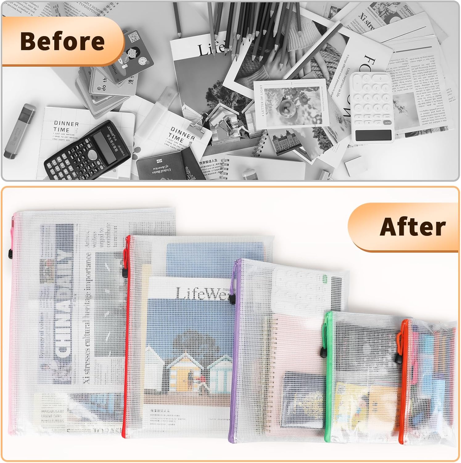 Umriox Zipper Mesh Document Pouch, 14.9x11.0 (6 Colors, 18 Packs), Clear Zipper Pouches, Waterproof Zipper Pouches for Craft Projects Office Supplies Cosmetics Travel Storage