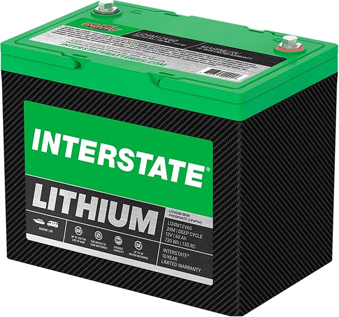Interstate Batteries 12V 60Ah Group Size 24M Lithium Deep Cycle LiFePO4 Marine/RV Battery, Maintenance Free, Lightweight, Ideal For Boats, RV Camping, Off-Grid, Yachts (Li24M12V60)