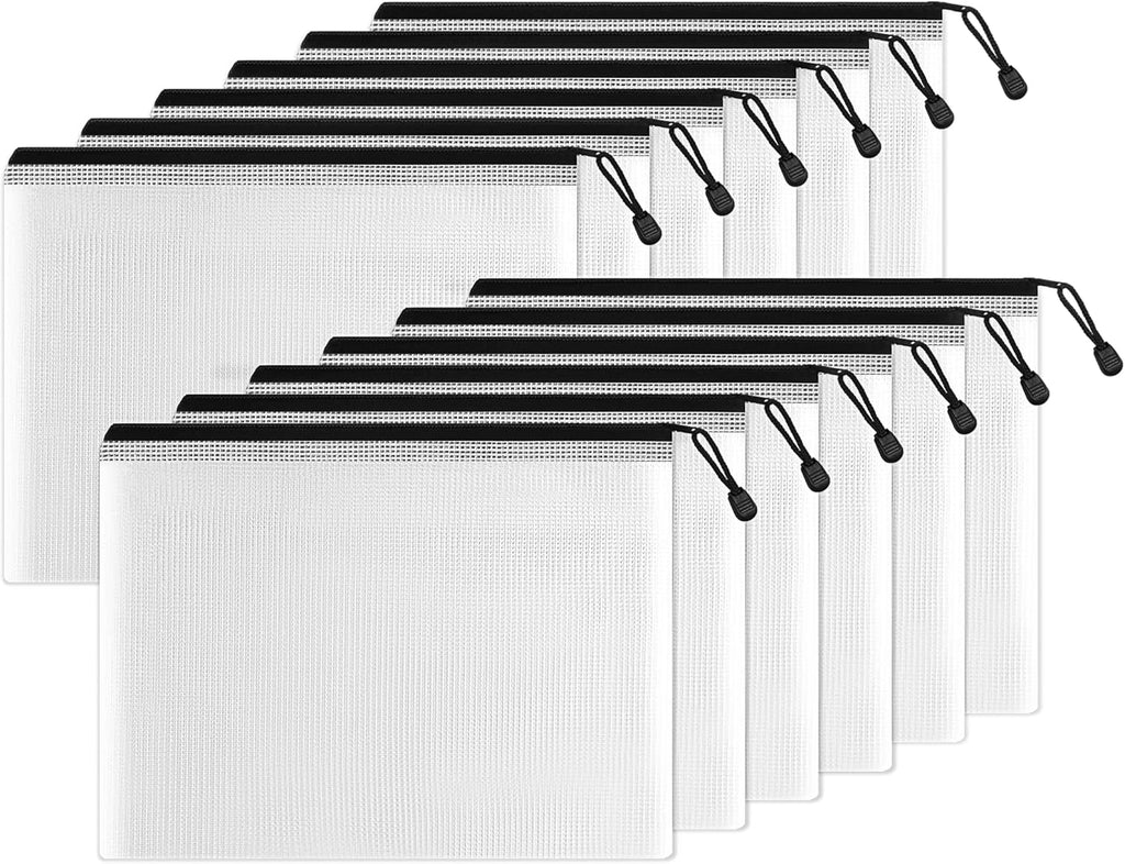 SUNEE Plastic Mesh Zipper Pouch 10x14 in (Black, 12 Packs),Extra Large Water-Resistant Zip Bag for School Office Supplies, Puzzles & Games Organizing Storage