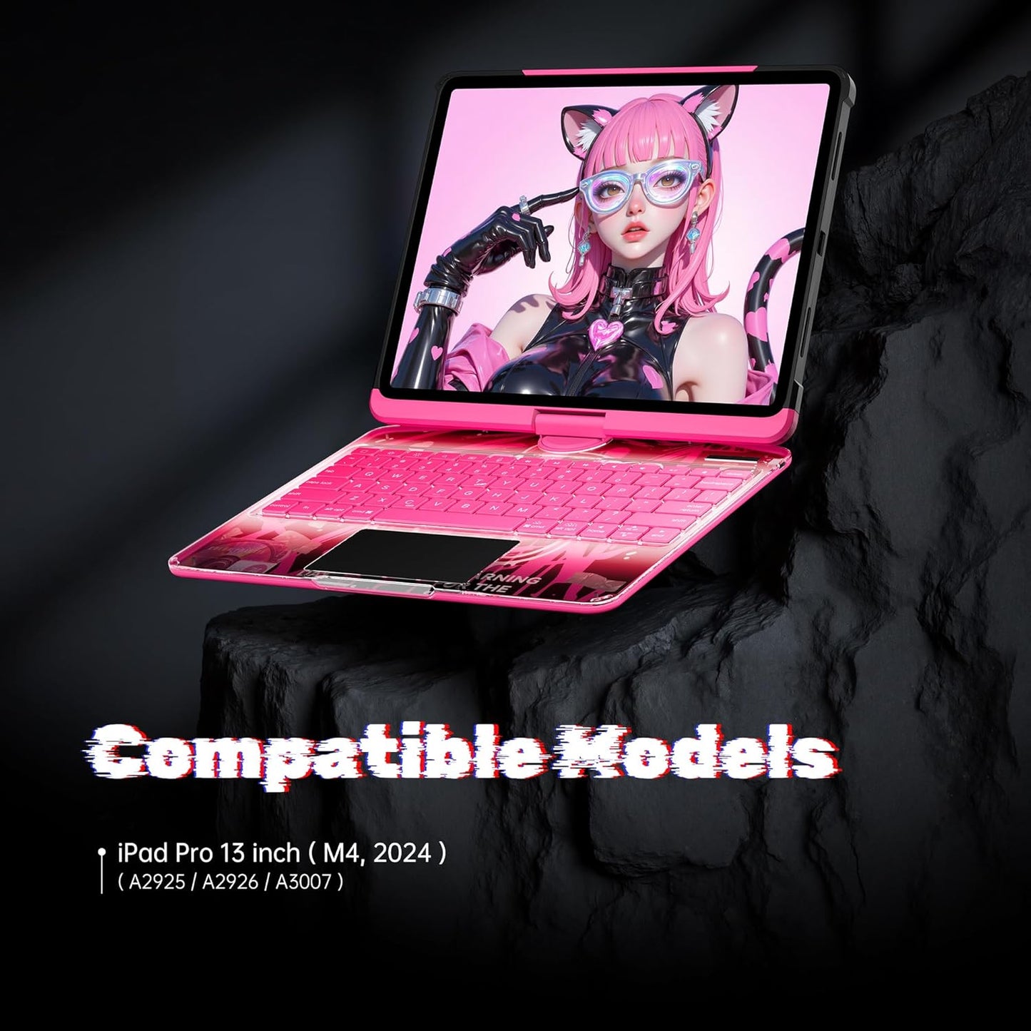 KITONE Transparent Case with Wireless Keyboard only for 2024 iPad Pro 13-in.(M4), 7 Colors Backlight, Trackpad, 360°Rotating Stand for iPad Pro 13, Tech Style