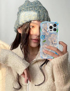 Jusy Compatible with iPhone 14 Pro Max, Colorful Retro Oil Painting Printed Flower Laser Glossy Pattern Cute Curly Wave Phone Case Soft TPU Cover for Girly Women - Blue Flower