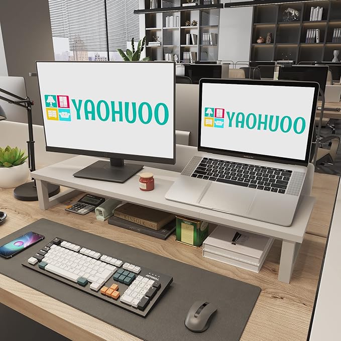 Dual Monitor Stand Riser, 39Inch Large Monitor Stands for 2 Monitors, Computer Monitor Stand, Wooden Desktop Oraganizer Shelf for Office Desk Computer,Laptop,TV