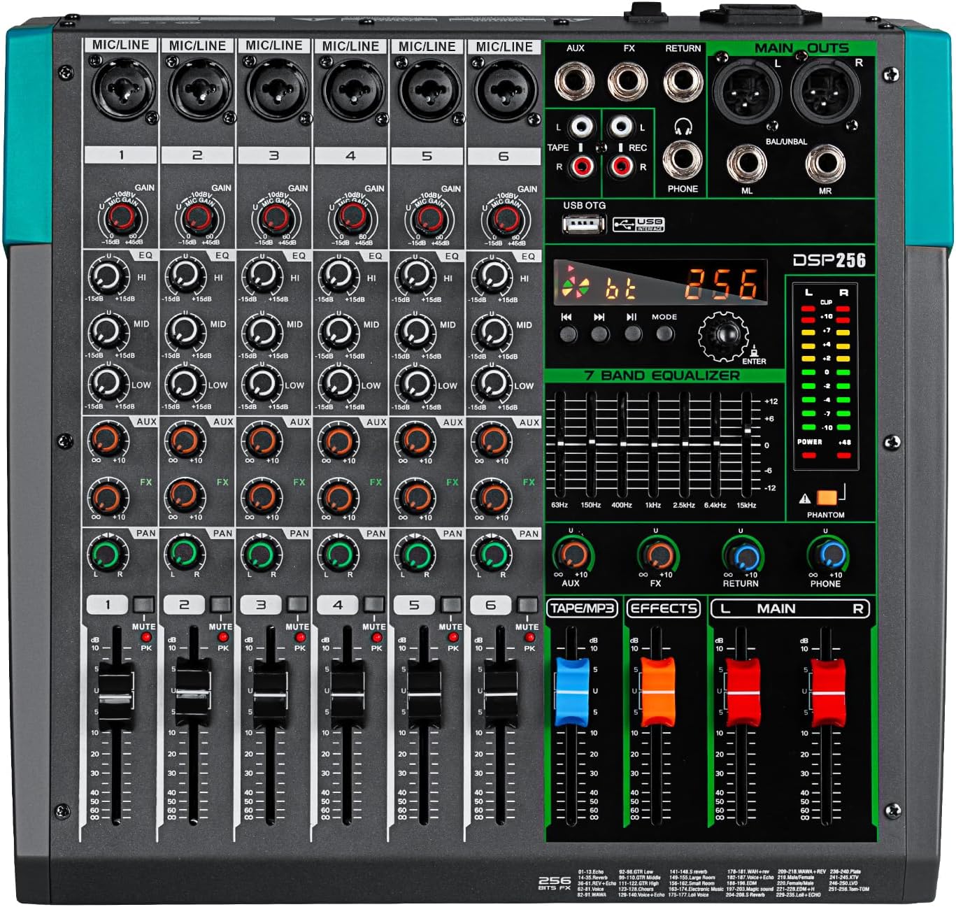Depusheng PA6 professional DJ audio mixer 6 channel input built-in 256 kinds of DPS effects support 48V phantom power USB Bluetooth MP3 computer recording