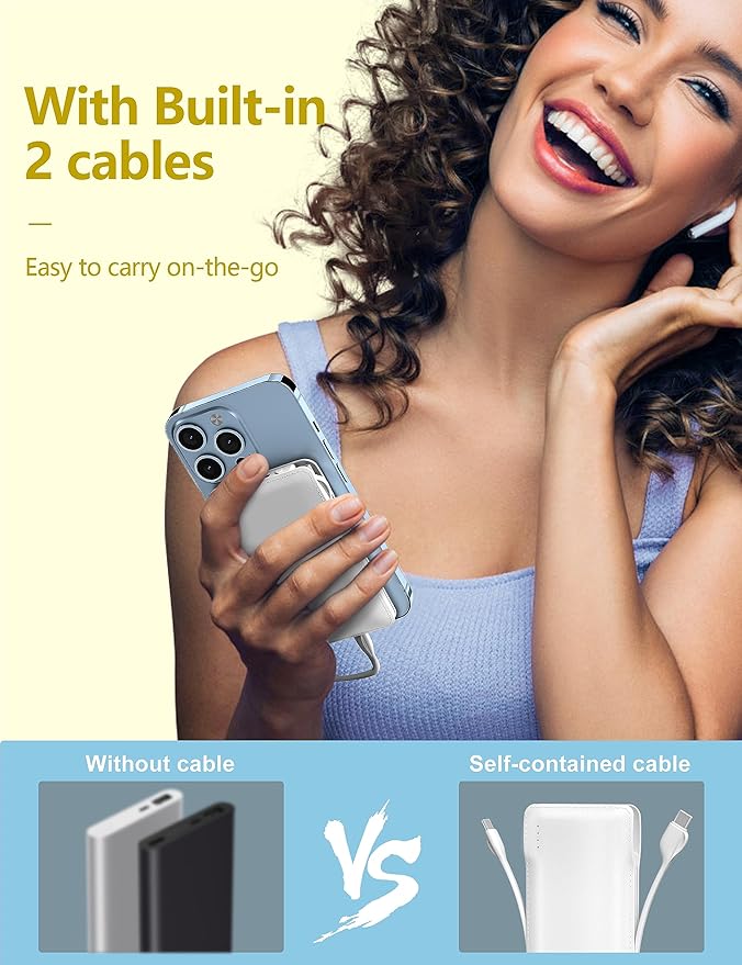 10000mAh Portable Phone Charger with Built-in 2 Cables, Small Slim Mini Power Bank Fast Charging, USB-C In/Output External Battery Pack, Travel Essentials Compatible with Android/IOS Phones