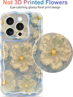 Jusy Compatible with iPhone 11 Pro Max, Colorful Retro Oil Painting Printed Flower Laser Glossy Pattern Cute Curly Wave Phone Case Soft TPU Cover for Girly Women - Light Blue