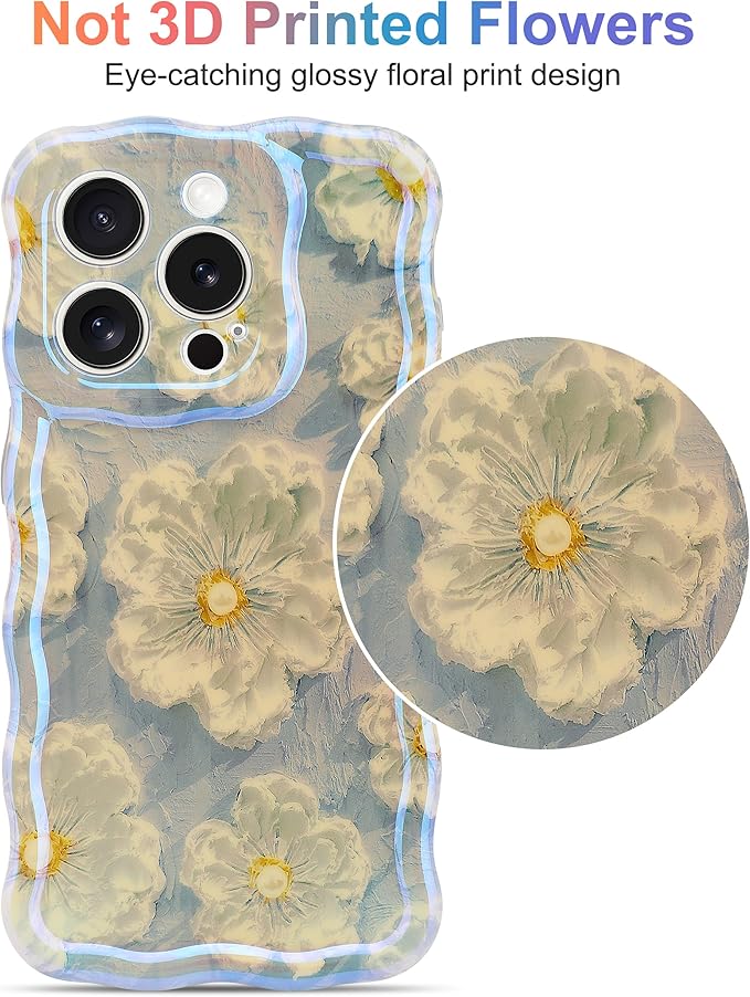 Jusy Compatible with iPhone 15 Pro, Colorful Retro Oil Painting Printed Flower Laser Glossy Pattern Cute Curly Wave Phone Case Soft TPU Cover for Girly Women -Light Blue