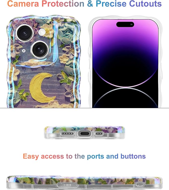 Jusy Compatible with iPhone 14 Plus/15 Plus, Colorful Retro Oil Painting Printed Flower Laser Glossy Pattern Cute Curly Wave Phone Case Soft TPU Cover for Girly Women - Purple Moon