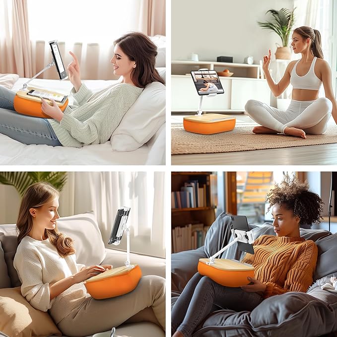 Lap Beanbag Cozy Kindle Pillow Stand for Bed with Adjustable Arm, 360° Tablet Holder, Fits 4.7"-13" Kindle, iPad, Phone, Lap Desk for Hands Free Reading in Bed, Couch, Sofa,Orange