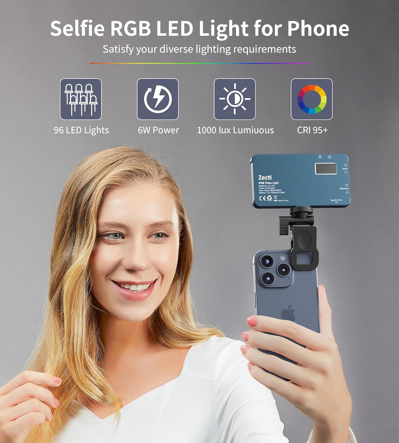 Selfie Light, 96 LED Phone Light with Metal Hotshoe & Clip, 1500mAh Rechargeable 360° Full Color 21 Scenes RGB Video Light for Phones, iPhone, Laptops, Cameras, Selfie, Video Conference, TikTok