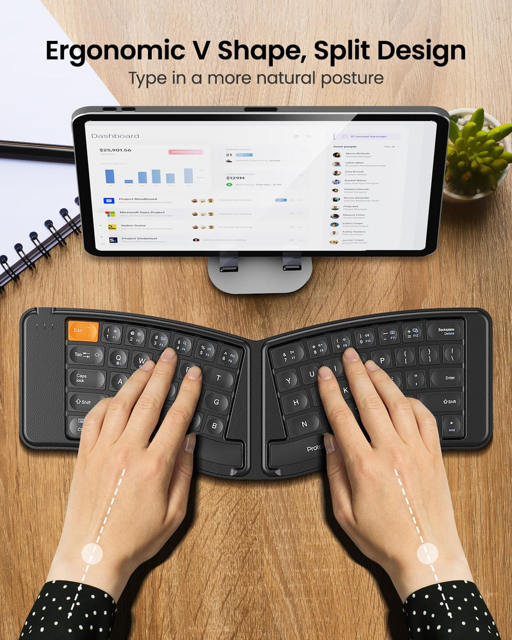 ProtoArc Ergonomic Foldable Keyboard Mouse, XKM03 Portable Folding Bluetooth Keyboard Mouse Combo for Business and Travel, Split Design, 3 Bluetooth, Rechargeable, for iPad, Tablet, iPhone, Laptop