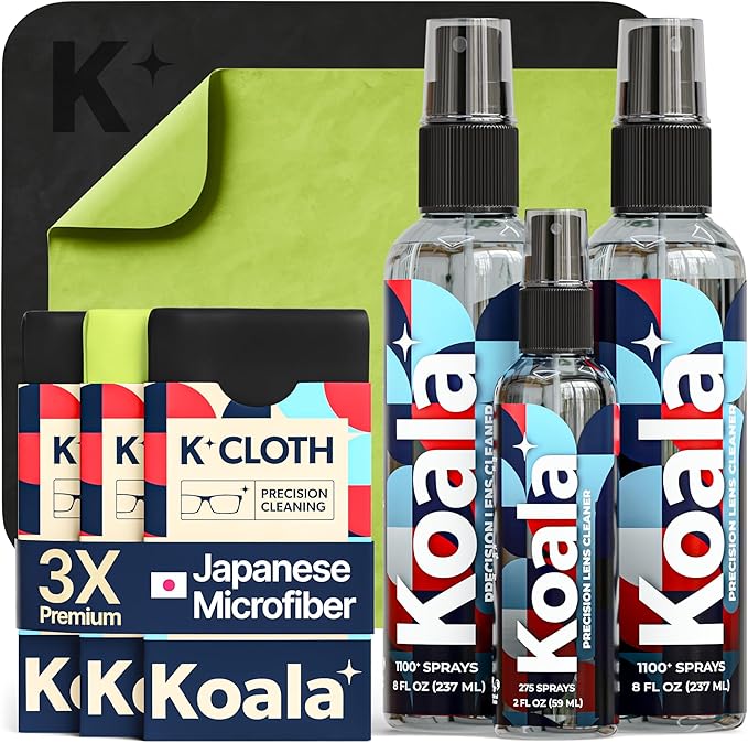 Koala Eyeglass Lens Cleaner Spray Kit | (2x) 8oz + (1x) 2oz Glasses Cleaner Bottle + (3x) Microfiber Cloth | Alcohol Free Eyeglasses, Screen, and Camera Cleaning Kit (6 Piece Set)