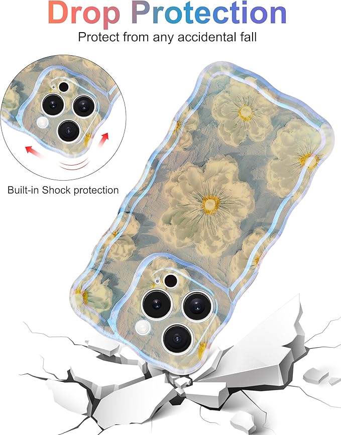 Jusy Compatible with iPhone 11 Pro Max, Colorful Retro Oil Painting Printed Flower Laser Glossy Pattern Cute Curly Wave Phone Case Soft TPU Cover for Girly Women - Light Blue
