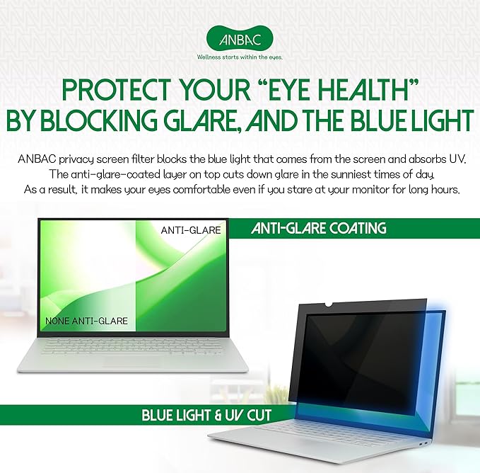 15.4 Inch Laptop Privacy Screen Shield for 16:10 Wide Display - Anti Glare Computer Privacy Screen Cover | Blue Light Blocking Screen Protector | Scratch Resistant UV Filter | Attachment Type