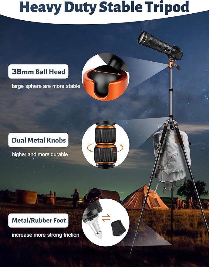 Camera Tripod, 81" Heavy Duty Aluminum Tripod for DSLR/Camera/Smartphone - with Handle, Converts to Monopod, Holds 35lbs