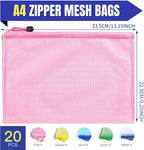 LEOBRO 20PCS Zipper Pouch, A4 Mesh Zipper Pouch Bags, Waterproof Bag, Mesh Bags for Classroom Organization, Toy Storage, School Supplies, Travel Essentials, File Jackets & File Pockets