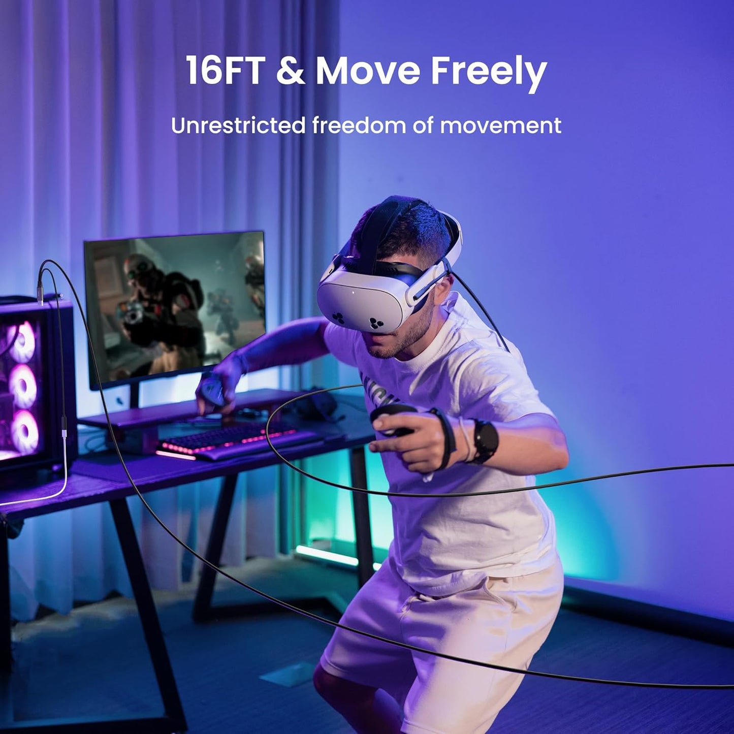 KIWI design Link Cable with Charging 16FT Compatible with Meta Quest 3s/3/2/ Pro/Pico 4 Accessories and PC/SteamVR, USB 3.0 to USB C Link Cable with 5Gbps Super Speed for Extended Gameplay, Black