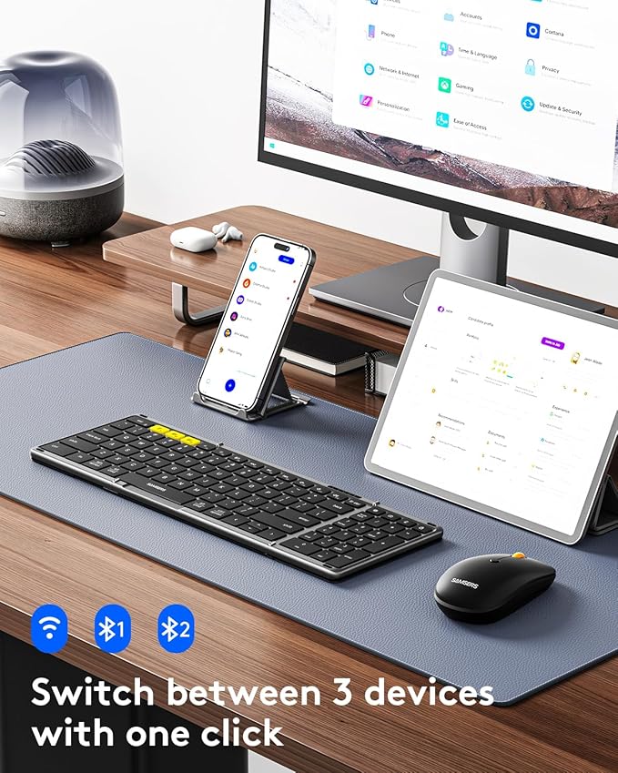 Foldable Keyboard and Mouse, Samsers Folding Bluetooth Keyboard Combo, 2.4G + BT5.0 x 2, Full-Size Portable Travel Keyboard & USB-C Rechargeable Wireless Mouse for Windows Android iOS Mac OS