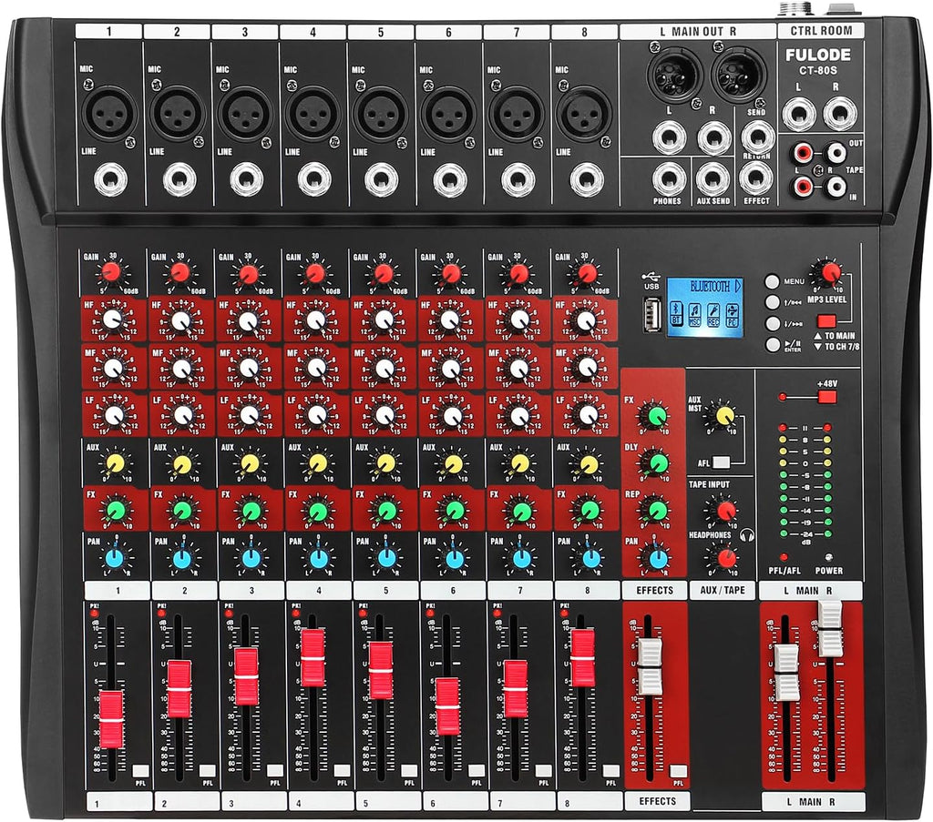 8 Channel Audio Mixer, Professional Music Mixer Board DJ Mixing Console with Bluetooth, USB/MP3 Player, Reverb, and 48V Phantom Power for Studio Recording, Karaoke, and Live Performances