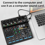 Depusheng M6 Portable Mini Mixer 6-Channel Audio Mixer DJ Console with Sound Card, Bluetooth Function, USB, 48V Phantom Power for PC Recording Webcast Party with 256 DSP