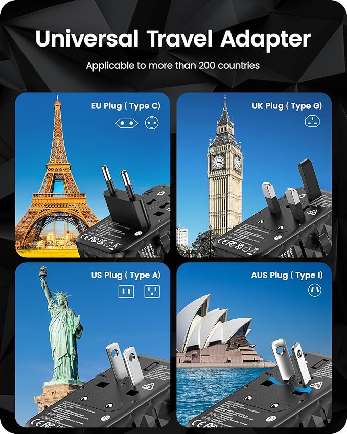 LENCENT 65W GaN International Travel Adapter with 2 USB-A & 3 Type C Ports, Fast Charger for Phones & Laptops, Worldwide Plug Adapter for USA/UK/EU/AUS, Black