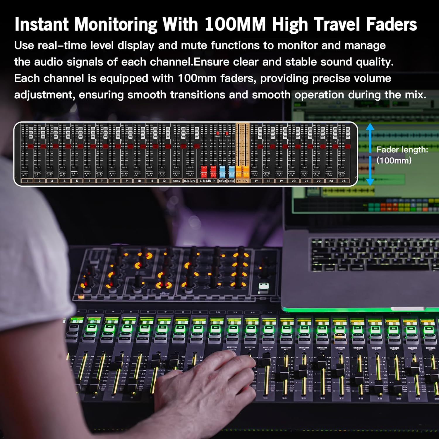 Professional Audio Mixer, 24 Channel Sound Board Mixing Console, Dual DSP Reverb, Dual 7-Band EQ, 48V Phantom Power, 4 Group Stereo Output Input, Mixer for Church