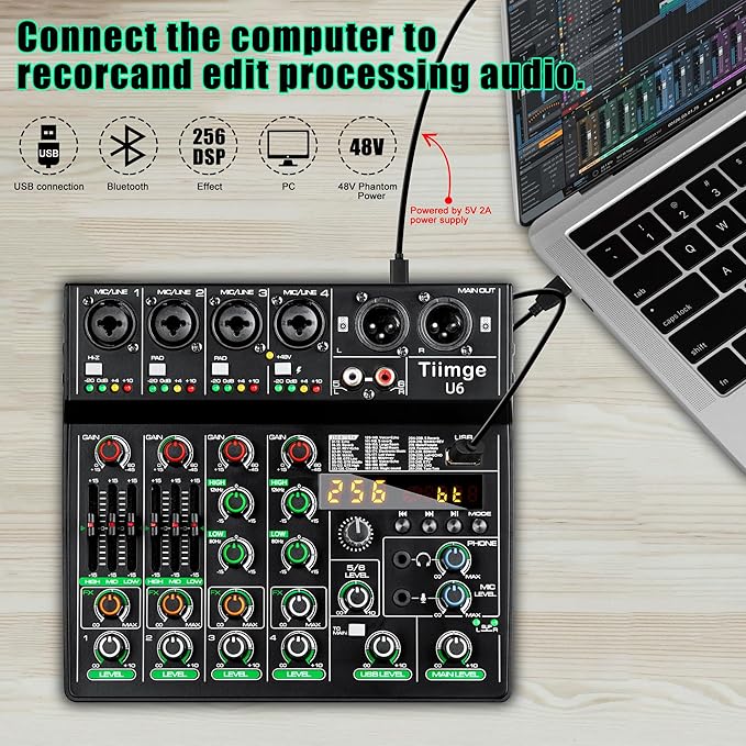 Professional 6-Channel Audio Mixer with 256 DSP Effects,48V Phantom Power,Bluetooth,MP3,USB Recording Input,Portable Sound Mixing Console for Streaming,DJ Show,Karaoke