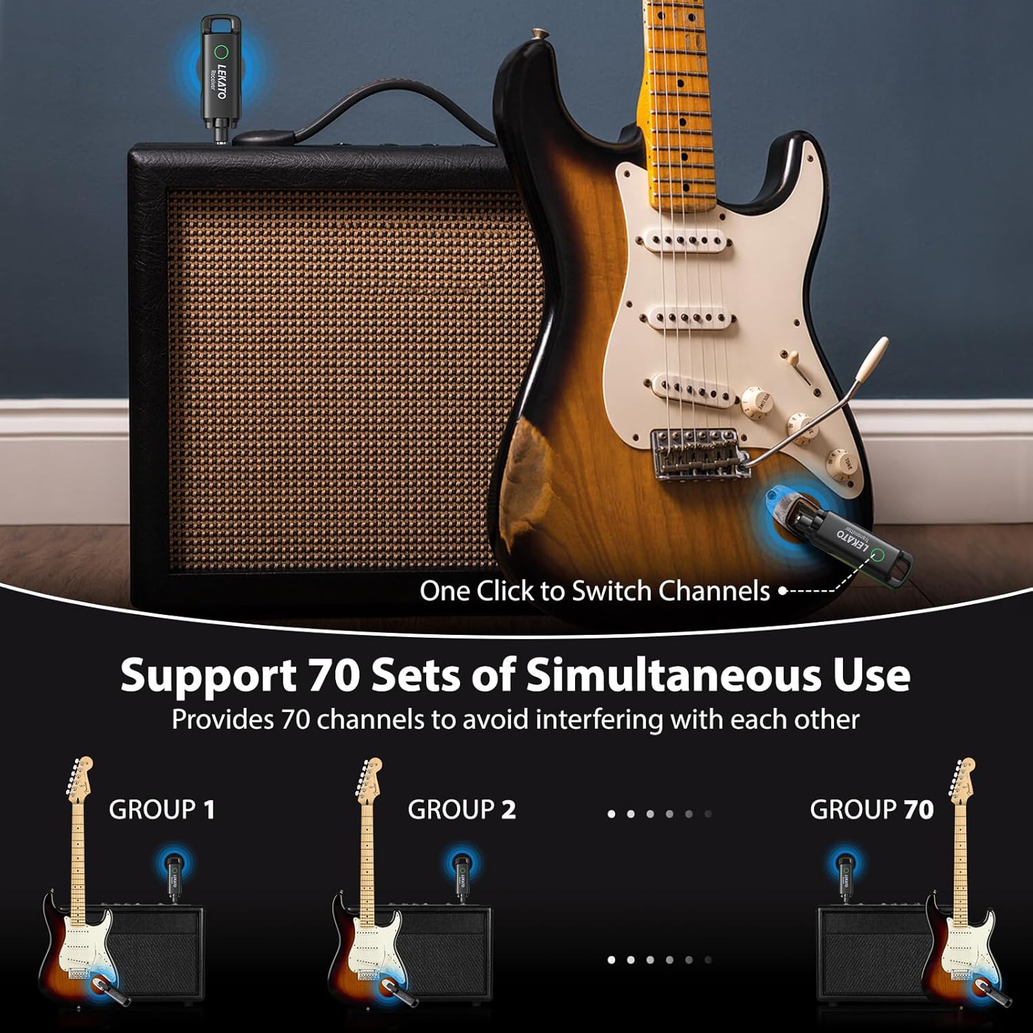 LEKATO Wireless Guitar System UHF Wireless Guitar Transmitter Receiver Rechargeable Audio Wireless Guitar Transmitter and Receiver with 70 Channels Wireless for Guitar Bass Electric Instruments-Green