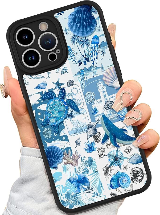 AIGOMARA Case for iPhone 15 Pro Max [Compatible with MagSafe] Blue Turtle Shell Ocean Collage Pattern Design for Women Girls Men Soft TPU Bumper Hack PC Back Shockproof Protective Slim Magnetic Cover