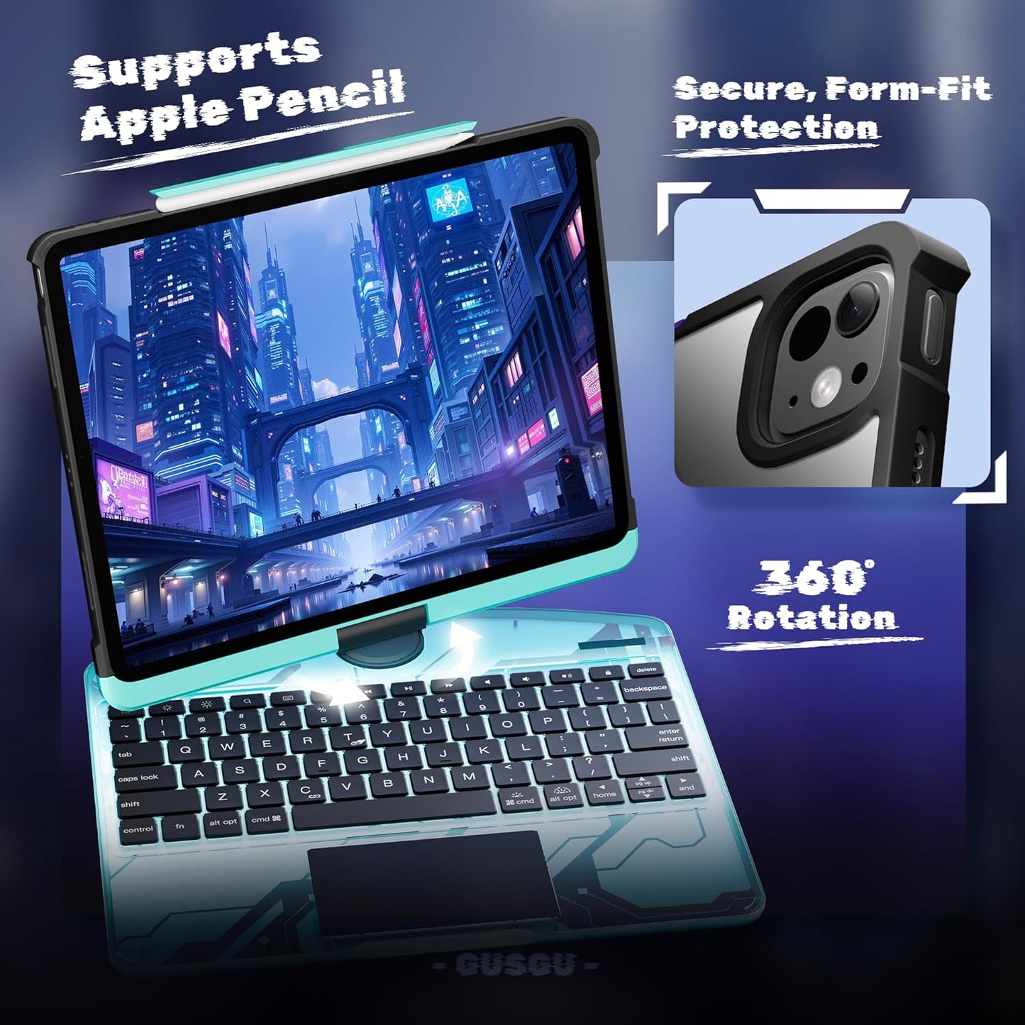 KITONE Transparent Case with Wireless Keyboard for iPad 11th Gen 11-in.(A16, 2025), 2022 iPad 10th Gen 10.9-in, 7 Colors Backlight, Trackpad, 360°Rotating Stand, Tech Style