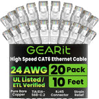 GearIT Cat 6 Ethernet Cable (20-Pack 10 Feet) Cat6 Network Patch, 10Gbps, RJ45, Snagless Cord, Gold-Plated Connectors, Internet for PC, TV, Tablet, Router, Printer, Servers, IT Data Center - White