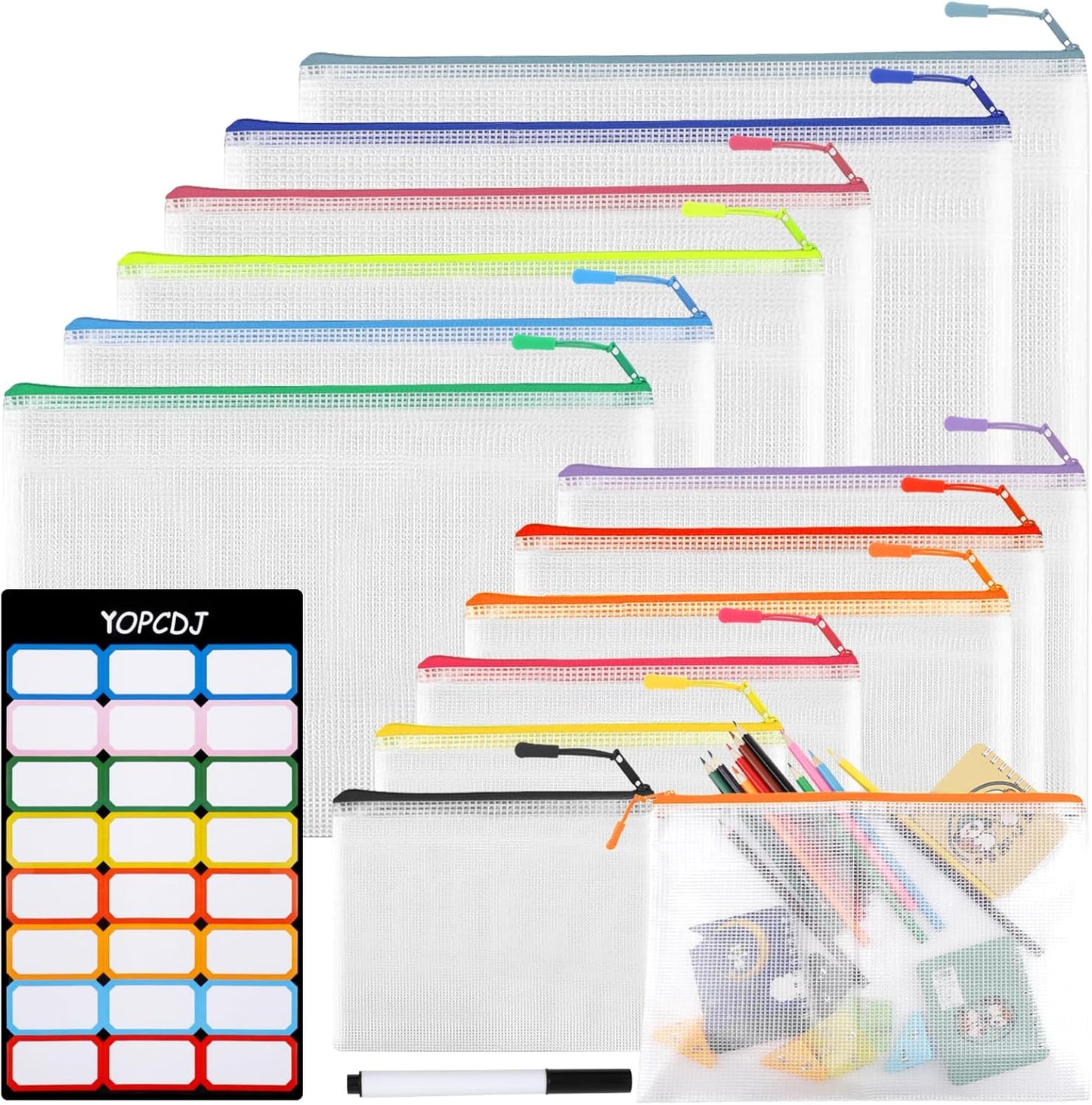 12 Mesh Zipper Pouch Bags - 12 Color, 8 Size Classroom Must-Have Storage Solution for School, Board Games, and Office Supplies