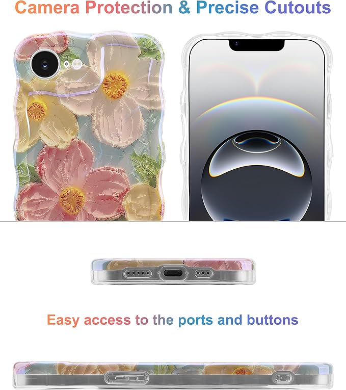 Jusy Compatible with iPhone 16e, Colorful Retro Oil Painting Printed Flower Laser Blue Glossy Pattern Cute Curly Wave Phone Case Soft TPU Cover for Girly Women -Green