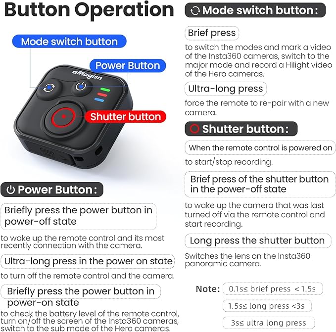 YDW Bluetooth Remote Control for INSTA360 X5 X4 X3 X2/Ace Pro2/Ace Pro/Ace/GO 3S/GO 3/ONE RS/ONE R/Gopro Hero13/12/11/10/9/8/Max/Mini,Wireless 50M Remote Control Range