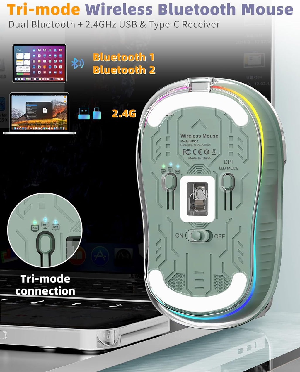 Bluetooth Wireless Mouse, Transparent RGB Tri-Modes Mouse,Bluetooth & 2.4GHz for Multi Device, USB-C Receiver Ideal for MacBook/Laptops, Rechargeable, Silent, Portable, Cool LED, Ergonomic - Green